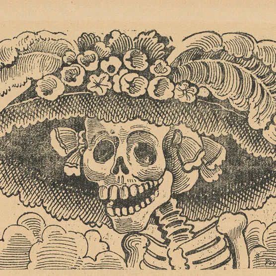 "La Calavera Catrina", an engraving by José Guadalupe Posada: a smiling skull wearing a large hat with flowers and feathers.